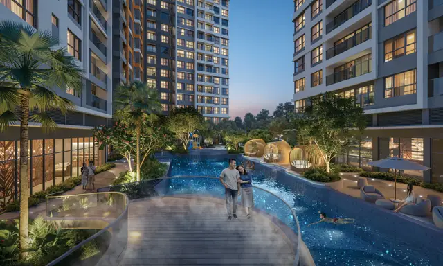 Cầu bộ hành có sương cạnh hồ bơi