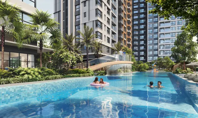 Hồ bơi và tiểu cảnh thác nước